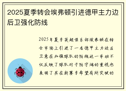 2025夏季转会埃弗顿引进德甲主力边后卫强化防线
