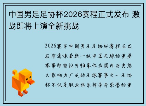 中国男足足协杯2026赛程正式发布 激战即将上演全新挑战