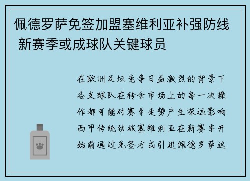 佩德罗萨免签加盟塞维利亚补强防线 新赛季或成球队关键球员
