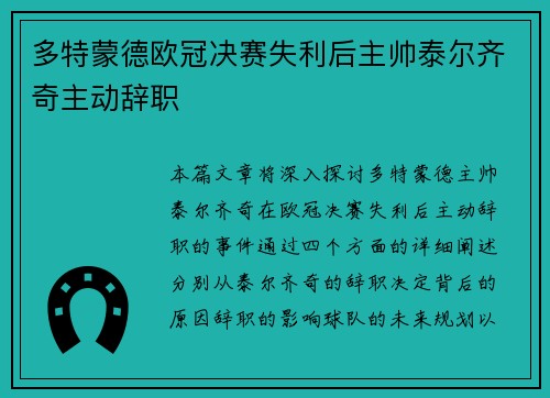 多特蒙德欧冠决赛失利后主帅泰尔齐奇主动辞职
